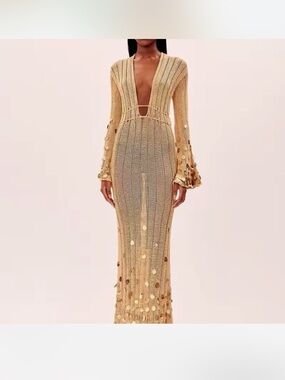 Beaded Crochet Maxi Dress in Camel